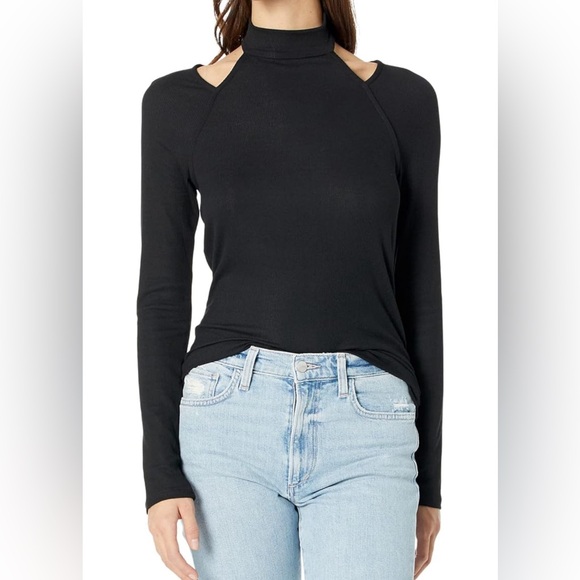 PAIGE Women's Beatriz Top Turtle Neck Cut Out on Shoulder Long Sleeve in Black - Picture 2 of 5